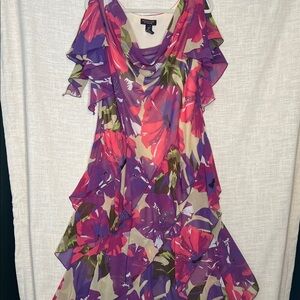 Signature by Robbie Bee Purple, Pink & Green Floral Ruffle Midi Dress